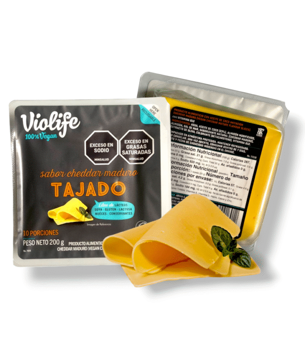 Queso tajado vegano tipo cheddar maduro