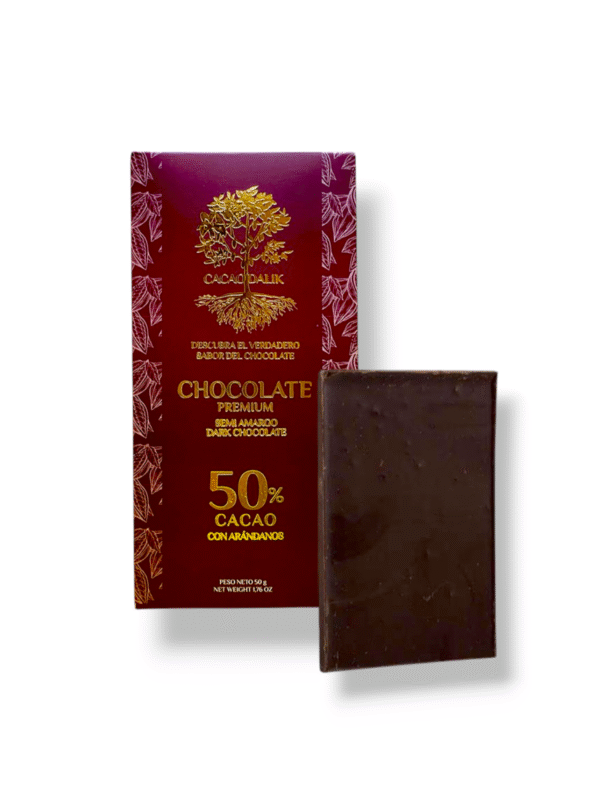 Chocolatina con arándanos al 50% de cacao orgánico, vegana, sin soja, endulzada con panela 50gr
