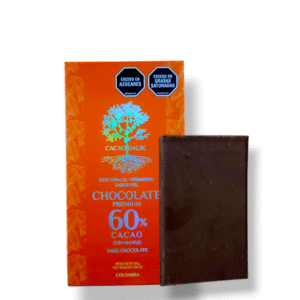 Chocolatina de cacao orgánico de mango al 60%, sin lácteos, sin soja, endulzada con panela 50gr