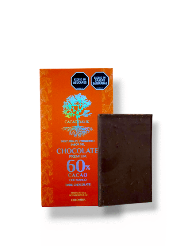 Chocolatina de cacao orgánico de mango al 60%, sin lácteos, sin soja, endulzada con panela 50gr