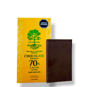 Chocolatina de piña con cacao orgánico al 70%, sin lácteos, sin soja, endulzada con panela 50gr