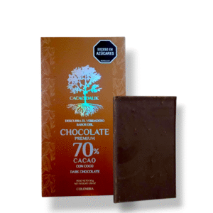 Chocolatina de coco con cacao orgánico al 70%, sin lácteos, sin soja, endulzada con panela 50gr