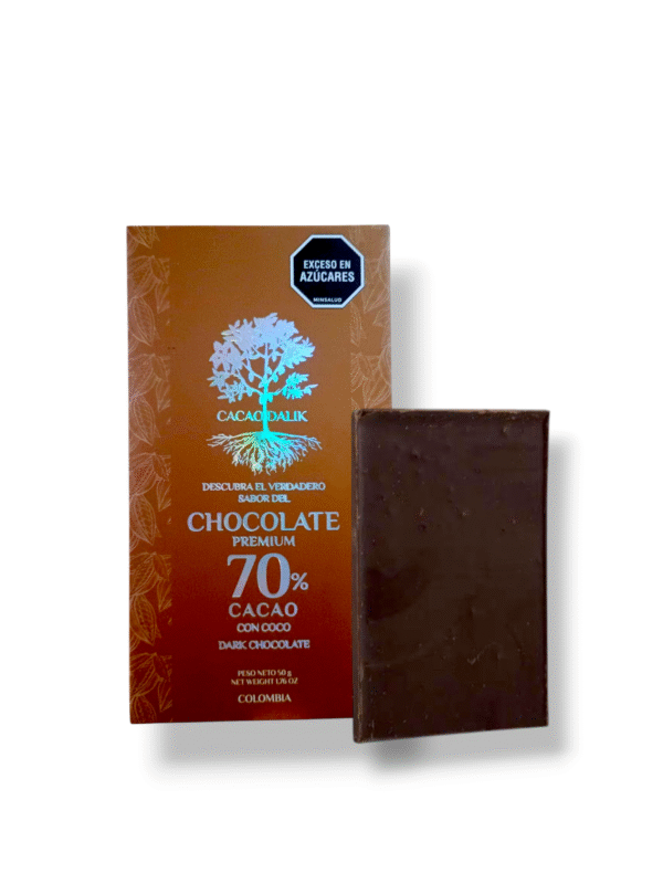 Chocolatina de coco con cacao orgánico al 70%, sin lácteos, sin soja, endulzada con panela 50gr