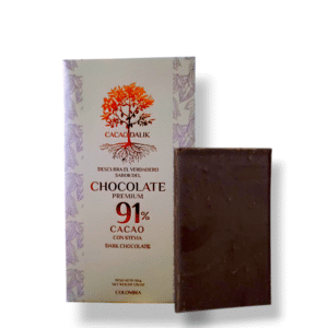 Chocolatina de cacao orgánico al 91% sin lácteos, sin soja, sin azúcar endulzada con Stevia 50gr