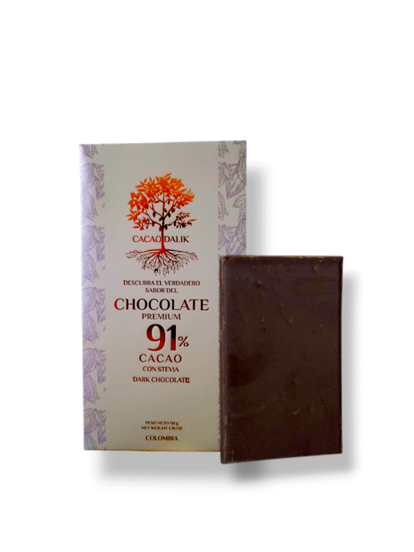 Chocolatina de cacao orgánico al 91% sin lácteos, sin soja, sin azúcar endulzada con Stevia 50gr