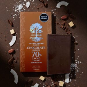 Chocolatina de coco con cacao orgánico al 70%, sin lácteos, sin soja, endulzada con panela 50gr
