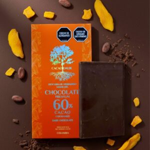 Chocolatina de cacao orgánico de mango al 60%, sin lácteos, sin soja, endulzada con panela 50gr