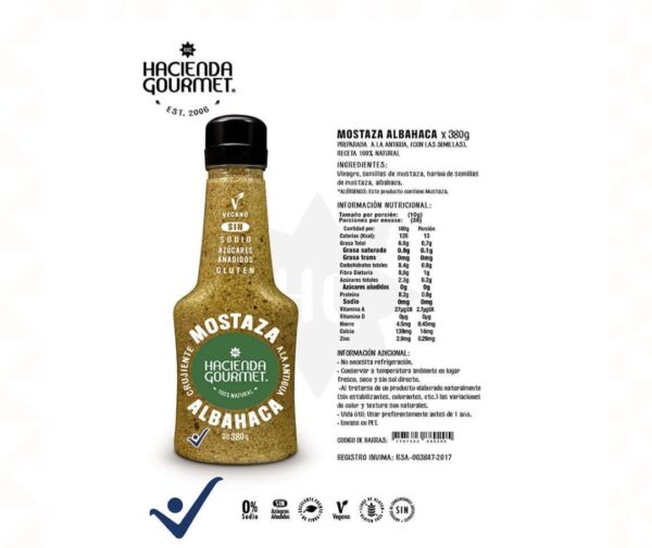 Mostaza natural con albahaca 380g / Hacienda Gourmet - Image 2